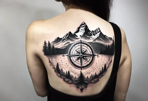 compass on shoulder with grand Tetons in the middle tattoo idea