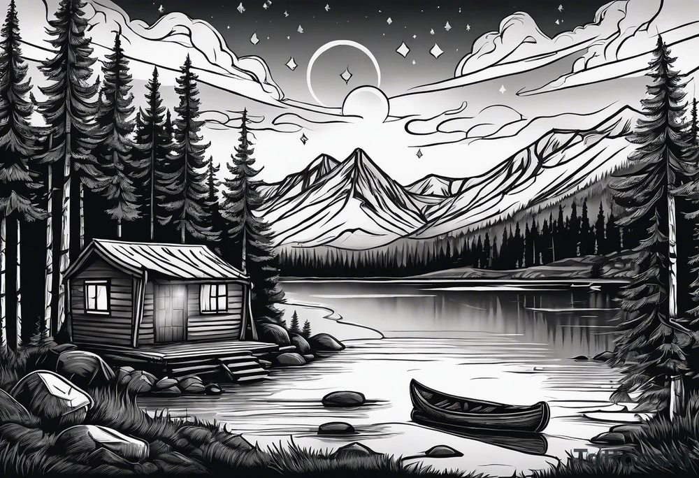 tent and camp fire with stone seating with a pond forrest mountains and the northern lights in the sky tattoo idea