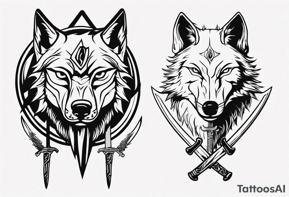 wolf head with sword in background tattoo idea