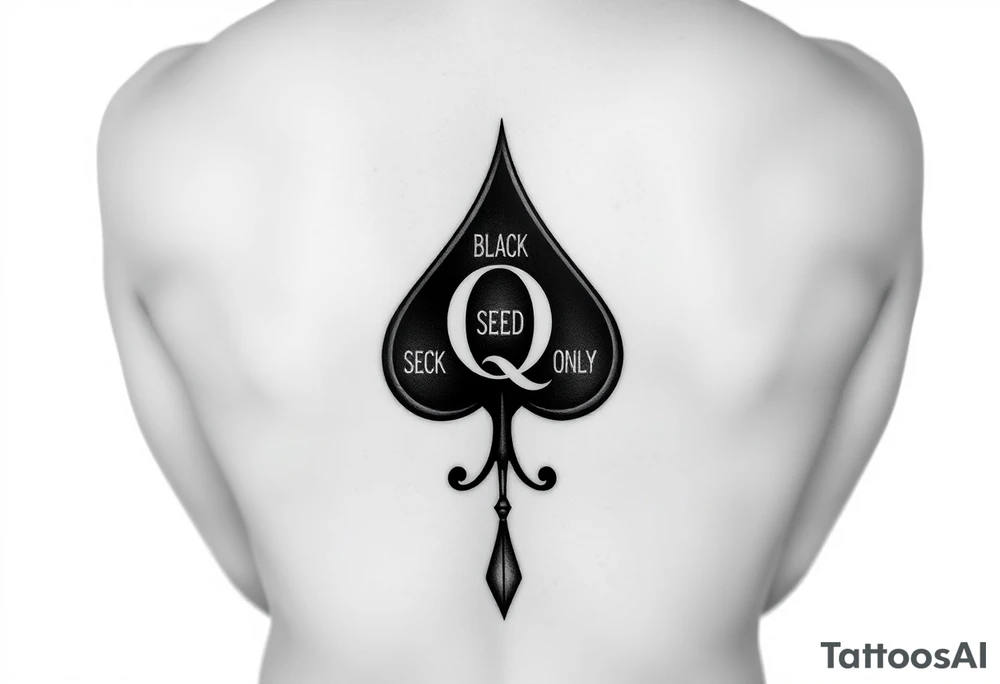 A spade womb tattoo with a Q in the center, with three points around the outside. The first reading, "BLACK". The second reading, "SEED". The third reading, "ONLY". A tail at the bottom of the spade. tattoo idea