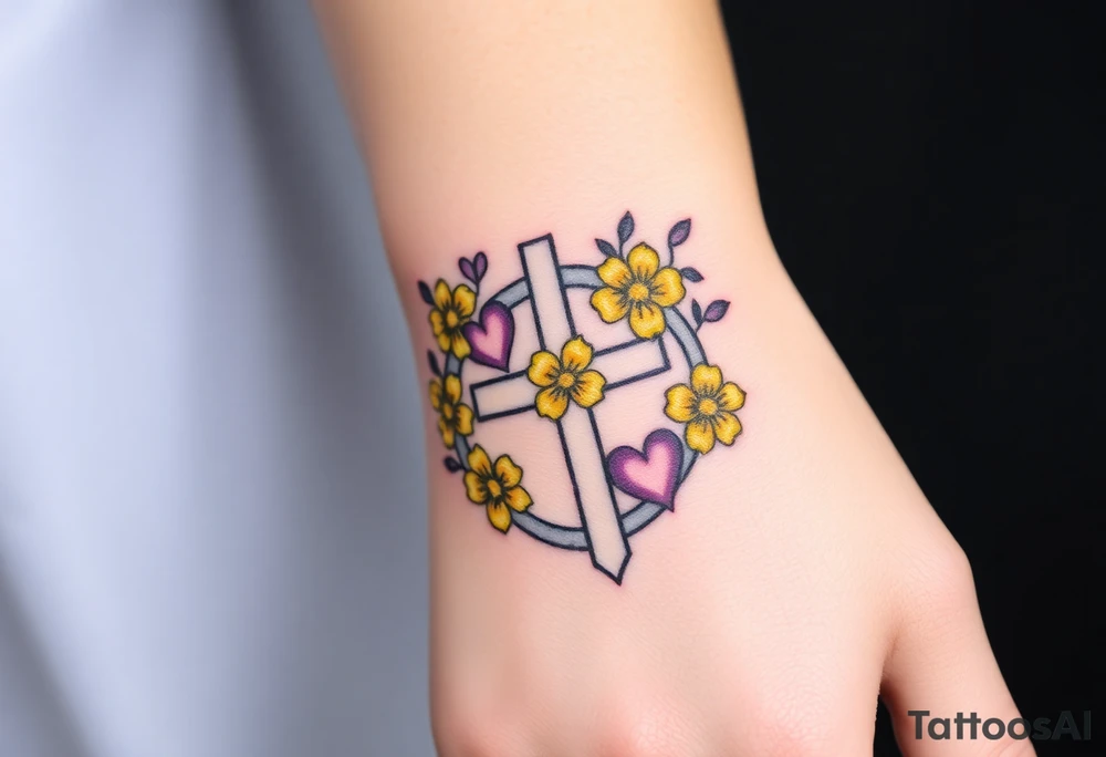 Yellow daisy Purple Hearts around a cross tattoo idea