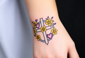 Yellow daisy Purple Hearts around a cross tattoo idea