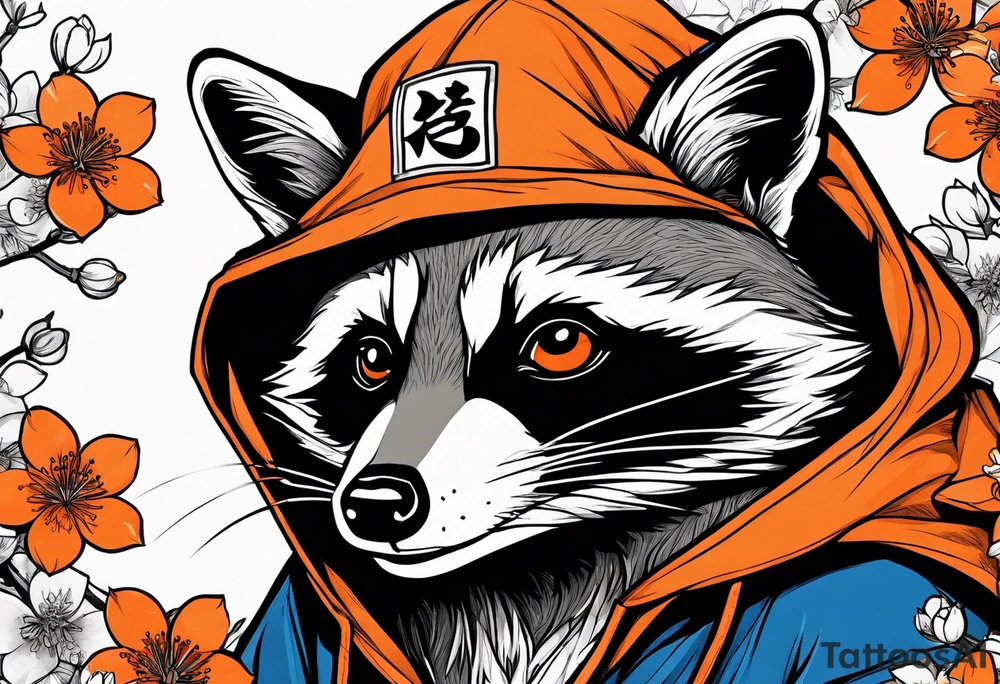 raccoon wearing a black and white Superman hoodie and orange Japanese cherry blossoms tattoo idea
