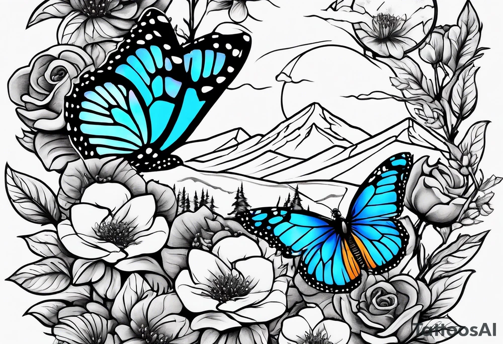Rocky mountain peak with mountain blue birds and monarch butterflies with wild prairie roses for a half sleeve tattoo idea