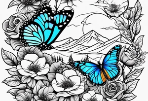 Rocky mountain peak with mountain blue birds and monarch butterflies with wild prairie roses for a half sleeve tattoo idea