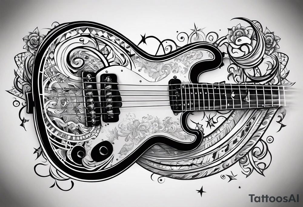 A well balanced tattoo full left arm with the following images: a bass guitar, 2 stars, 1  quarter moon, a caduceus symbol and a mickey mouse tattoo idea