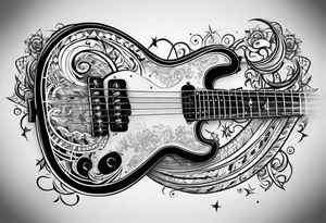 A well balanced tattoo full left arm with the following images: a bass guitar, 2 stars, 1  quarter moon, a caduceus symbol and a mickey mouse tattoo idea