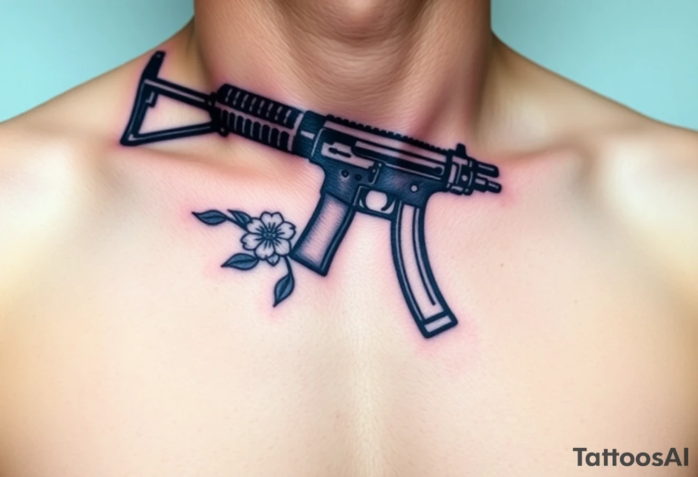 ak 47 black silhouette with floreal details tattoo idea