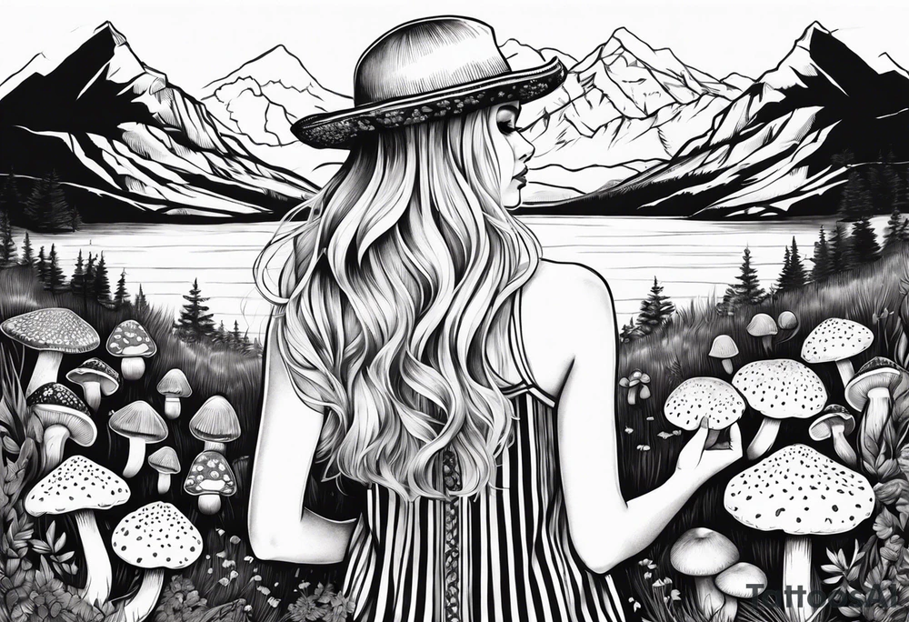 Straight blonde hair girl holding mushrooms in hand facing away toward mountains surrounded by mushrooms circular design black and white striped dress tattoo idea