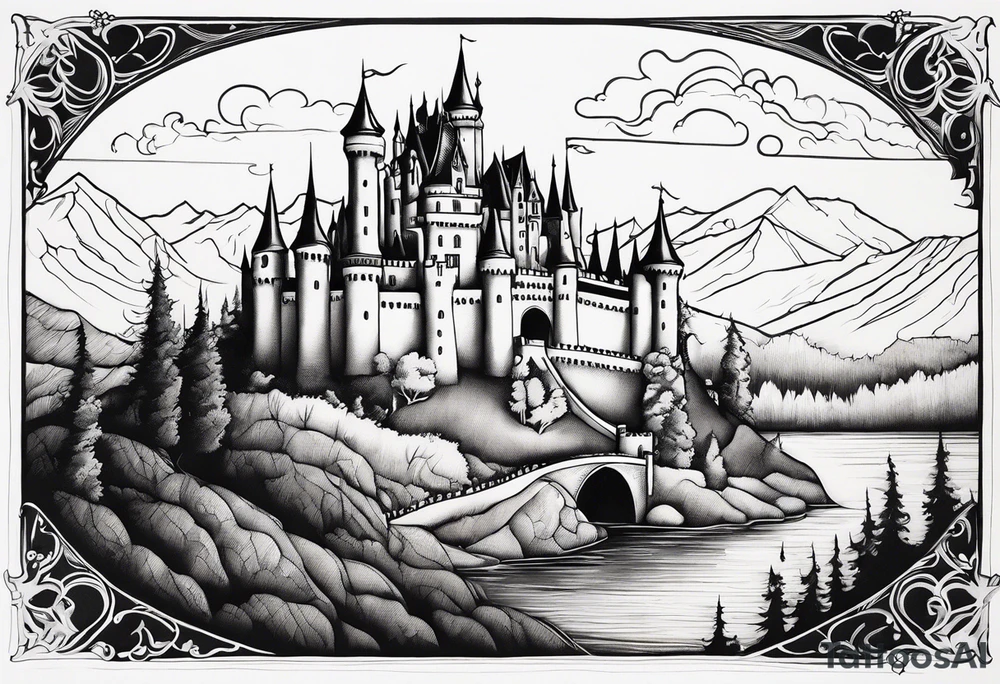 Fairytale castle in landscape, more black, less detailing, engraiving, etching tattoo idea