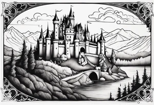 Fairytale castle in landscape, more black, less detailing, engraiving, etching tattoo idea