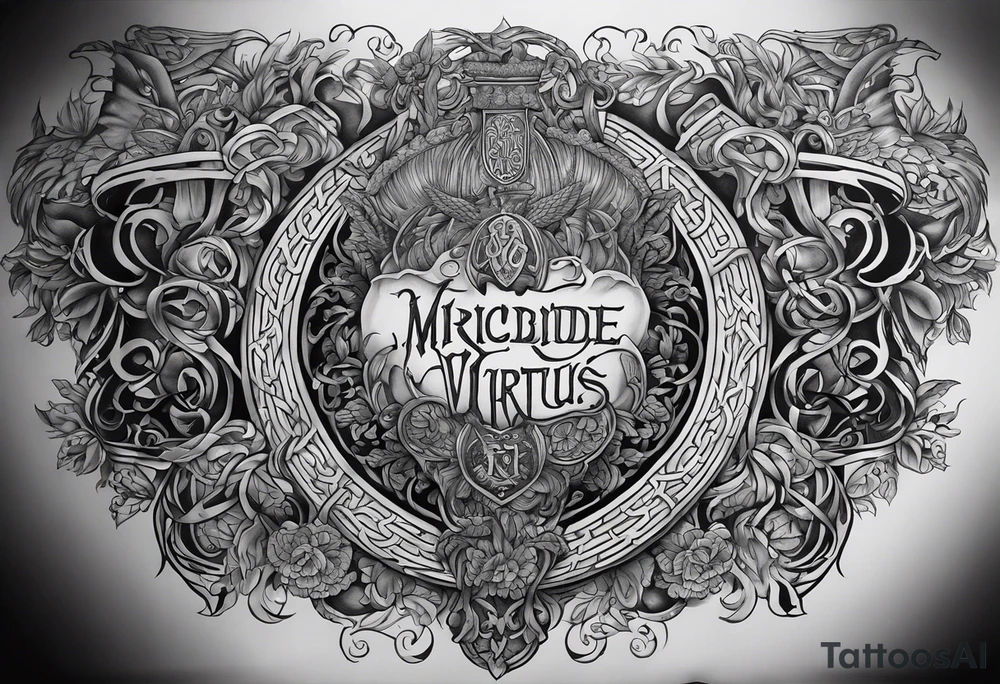 A full back piece themed on the irish name mcbride. It should have a hand holding fire. It should have the text Vincit Pericula Virtus in large writing on it tattoo idea