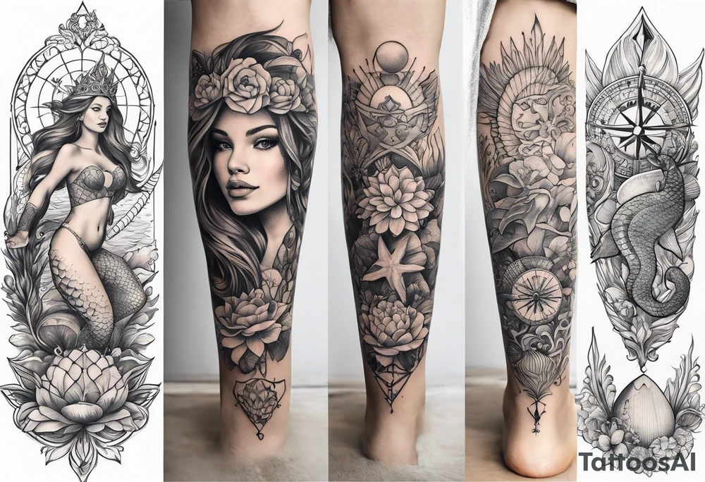 Lower leg tattoo. Mermaid with trident and crown, sea turtle, compass, shells, flowers, cresent moon tattoo idea