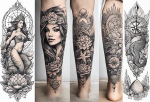 Lower leg tattoo. Mermaid with trident and crown, sea turtle, compass, shells, flowers, cresent moon tattoo idea