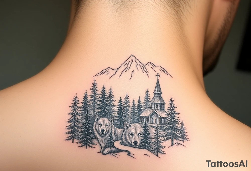 Nature/Landscape

Wolves in a pine forest (extending the tree line you already have)
A Russian bear emerging from the treeline
Snow-capped mountains behind the church scene tattoo idea