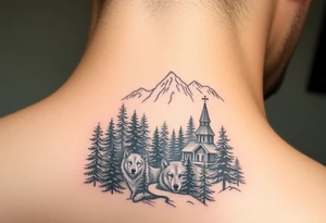 Nature/Landscape

Wolves in a pine forest (extending the tree line you already have)
A Russian bear emerging from the treeline
Snow-capped mountains behind the church scene tattoo idea