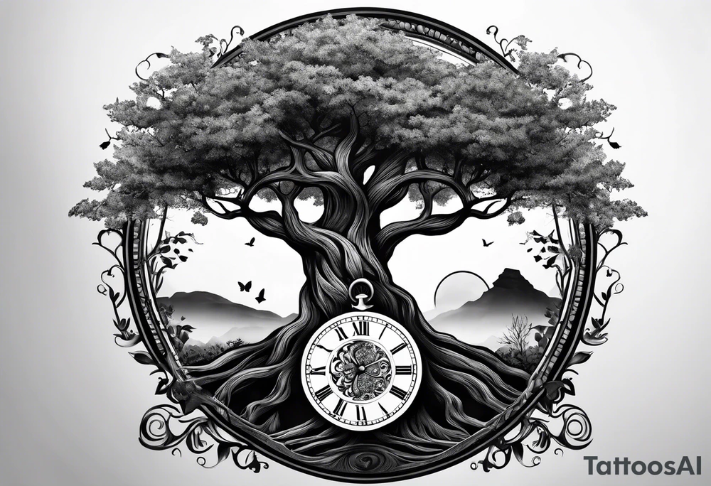 circle of life tree coming out of an hourglass tattoo idea