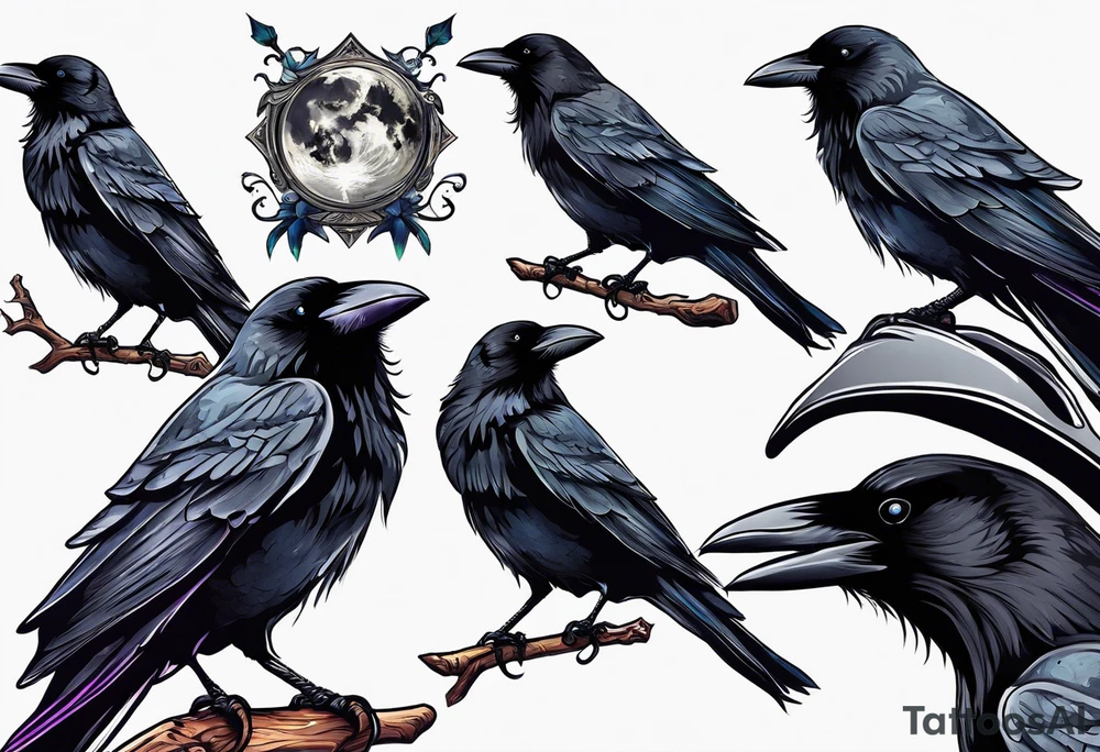 Silloutes of crow wearing witches hat tattoo idea
