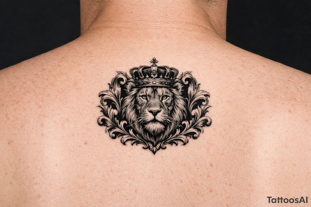 powerful majestic lion with a crown, framed by ornate floral scrollwork tattoo idea
