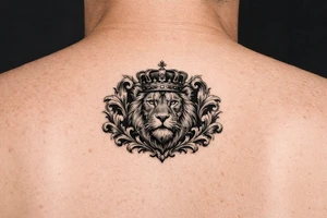 powerful majestic lion with a crown, framed by ornate floral scrollwork tattoo idea