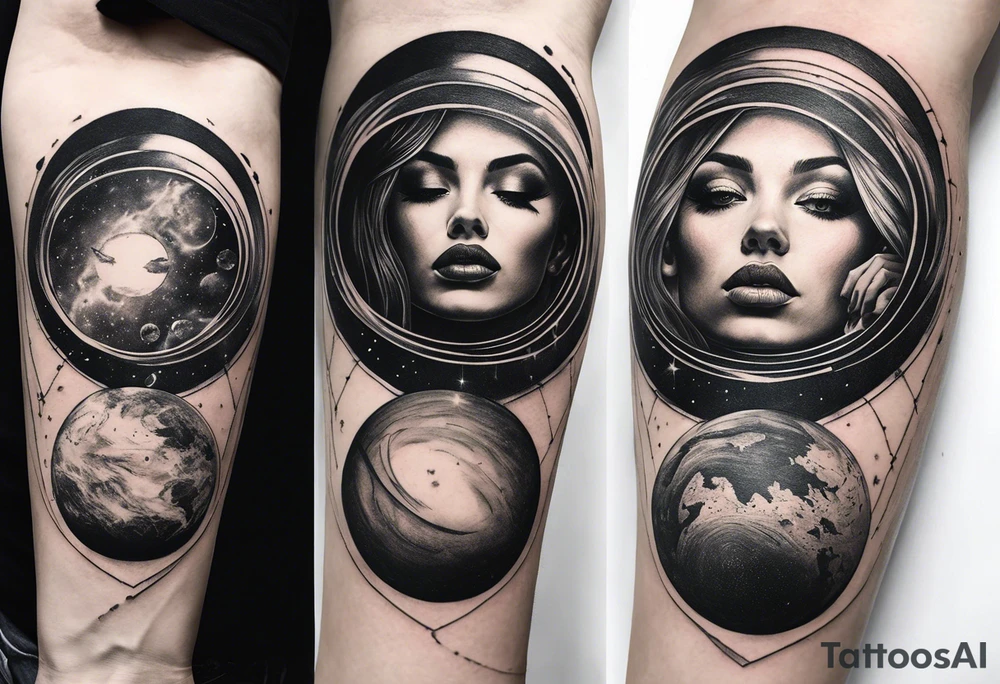 A surrealistic forarm tattoo featuring beautiful woman’s face holding a planet in her hand. Above her head is a man being lifted up into a black hole tattoo idea