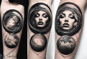 A surrealistic forarm tattoo featuring beautiful woman’s face holding a planet in her hand. Above her head is a man being lifted up into a black hole tattoo idea