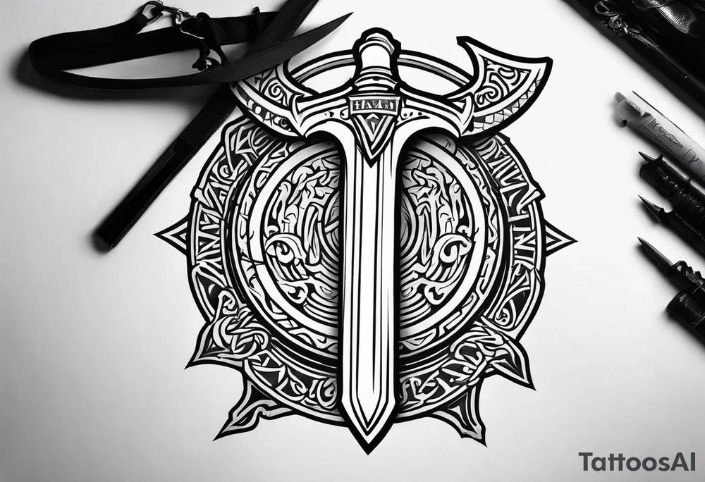 Valhalla shield sword axe fire tattoo idea
