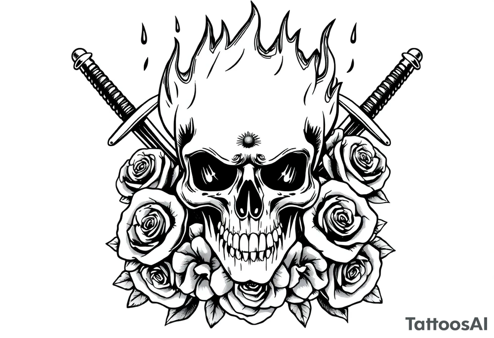 Skull engulfed in flames, crossed swords behind, blooming roses. tattoo idea