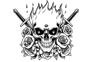 Skull engulfed in flames, crossed swords behind, blooming roses. tattoo idea