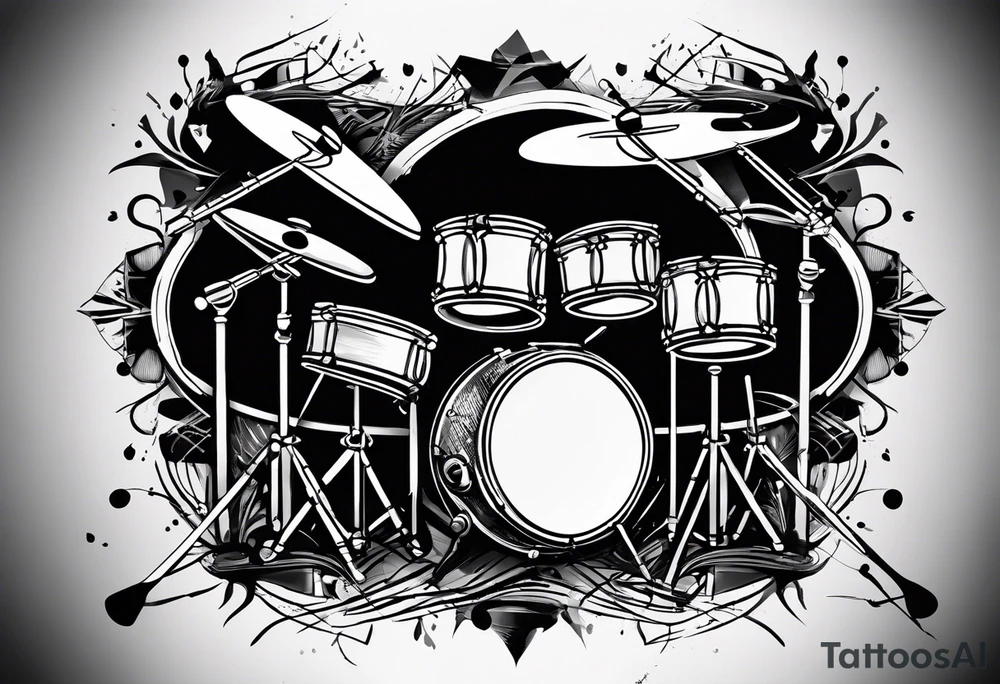 Stylized drums with sticks crossing over them, and a burst effect in the background to represent the energy of playing. tattoo idea