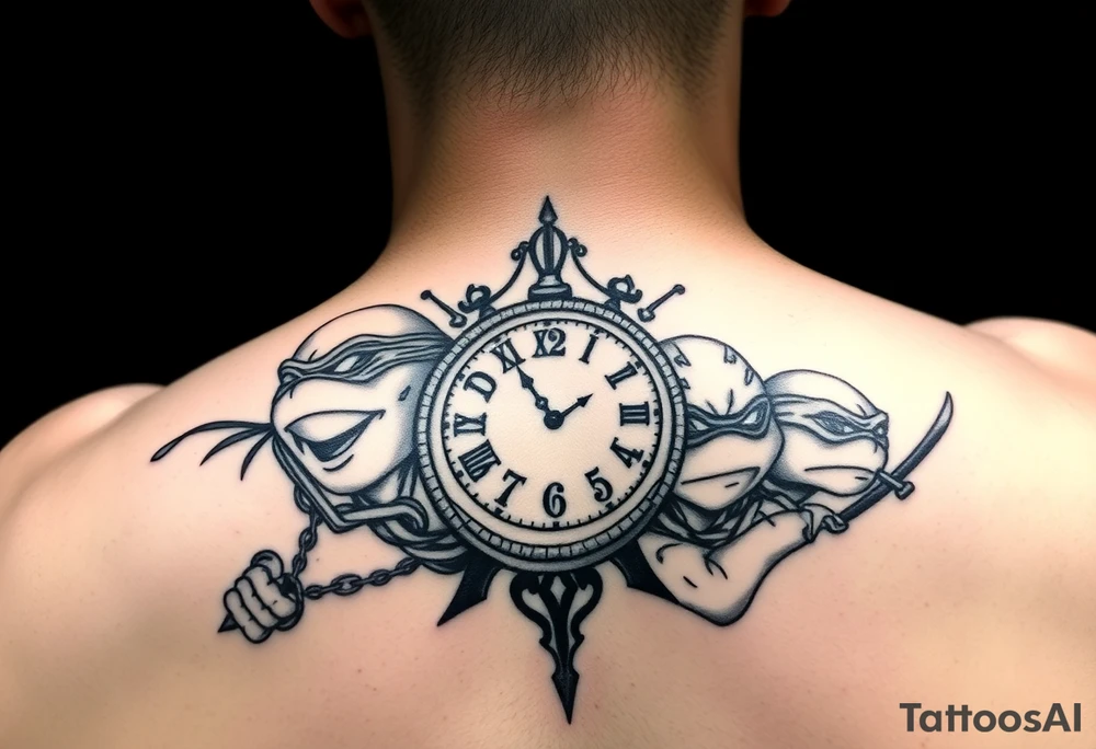 give me a full front neck tattoo of the 4 ninja turtles on the right and danny phantom on the left with a clock in the middle in all black ink tattoo idea
