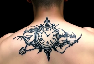 give me a full front neck tattoo of the 4 ninja turtles on the right and danny phantom on the left with a clock in the middle in all black ink tattoo idea