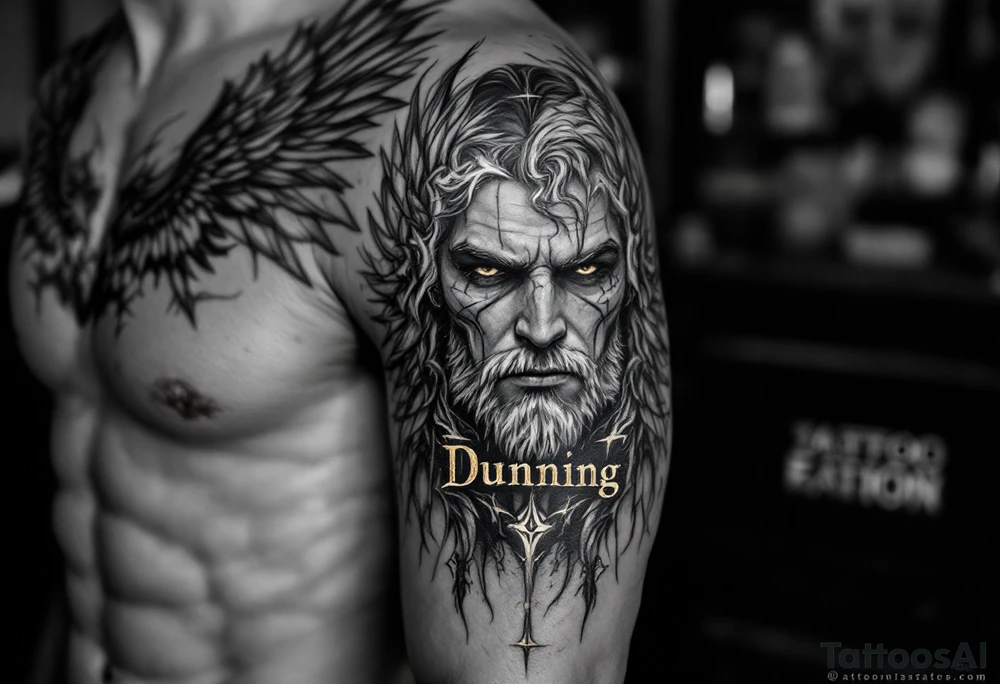 “Dunning” on left arm,details include bold strong font, faint gold highlights, theme of wealth,angel wing tattoo idea