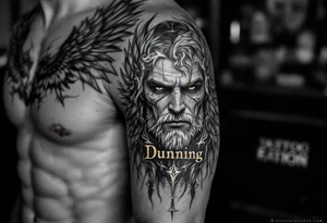 “Dunning” on left arm,details include bold strong font, faint gold highlights, theme of wealth,angel wing tattoo idea