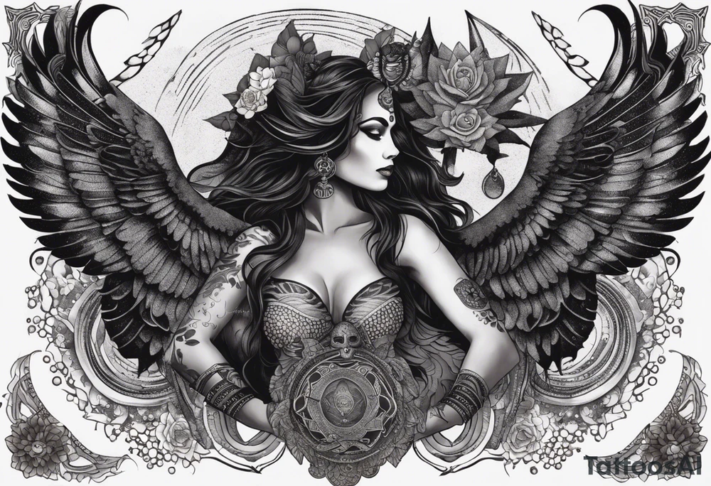 black kali, goddess pirate, alien, angel, pachamama, valkrye, warrior, flying, skull, lotus azul, wing, eagle, zenza resonance, stars, 5D, anahata chakra, death, durga, riding on a tiger, flying lady, kundalini, chest tatoo, samuri, rebel,serpent tattoo idea