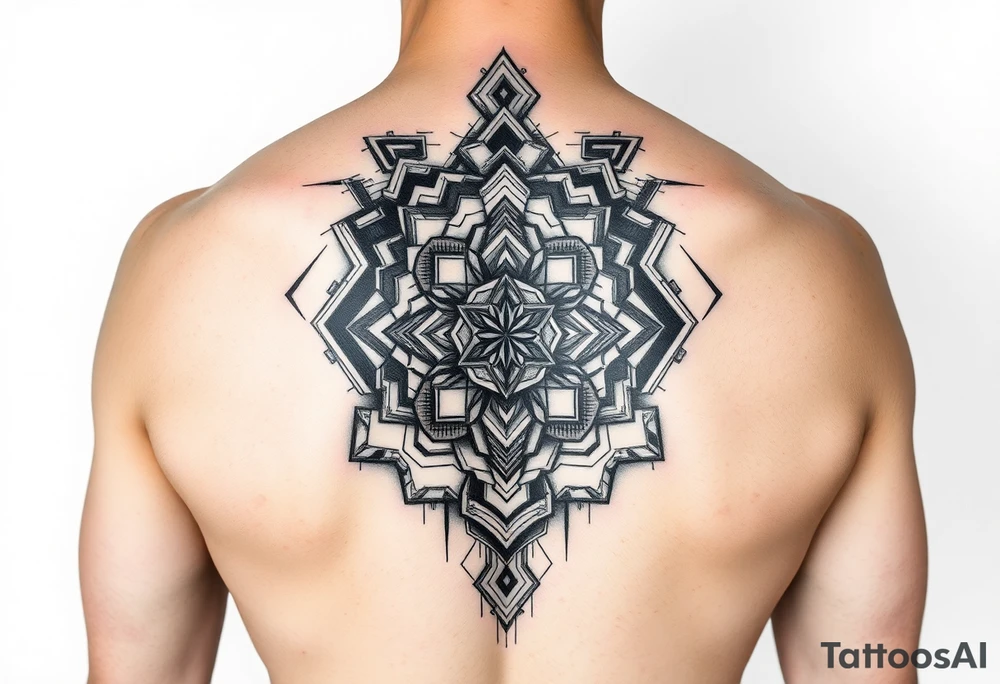 design a full sleeve tattoo that consists of a base layer of abstract hexagon pattern overlaid with a little blackwork abstract while incorporating the top tattoo and integrating slight biomech designs tattoo idea