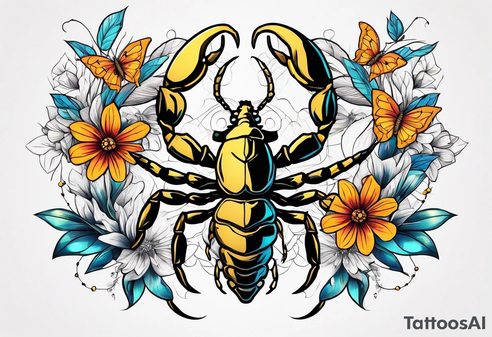 Large scorpion with flowers and butterflies tattoo idea