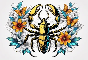 Large scorpion with flowers and butterflies tattoo idea