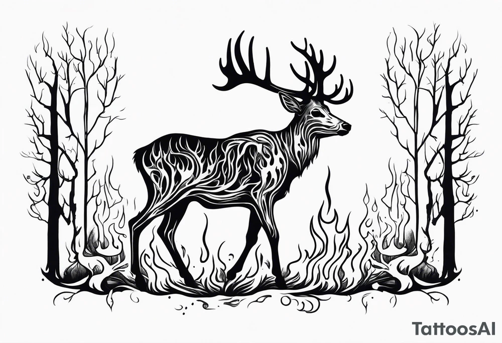 side view of a standing deer humanoid skeleton JUST BONE surrounded by a flames and trees tattoo idea