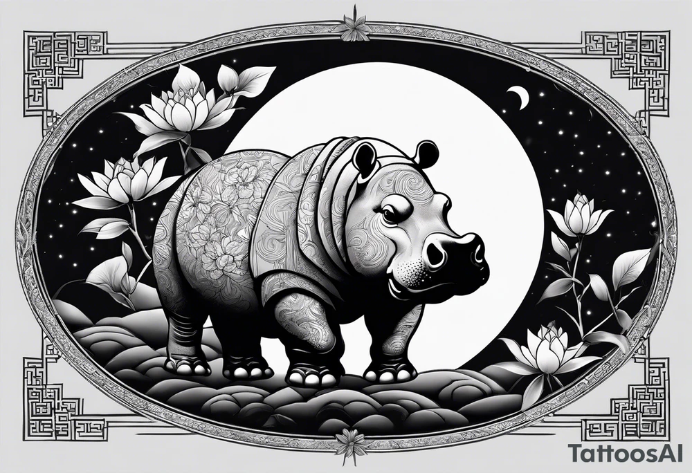 Very asymmetrical, +geometric pattern, with realistic full moon, with seeious looking hippo, +zen feel, + Buddhism touch,
with wintersweet flower bud, +portrait orientation, +inkart touch, tattoo idea