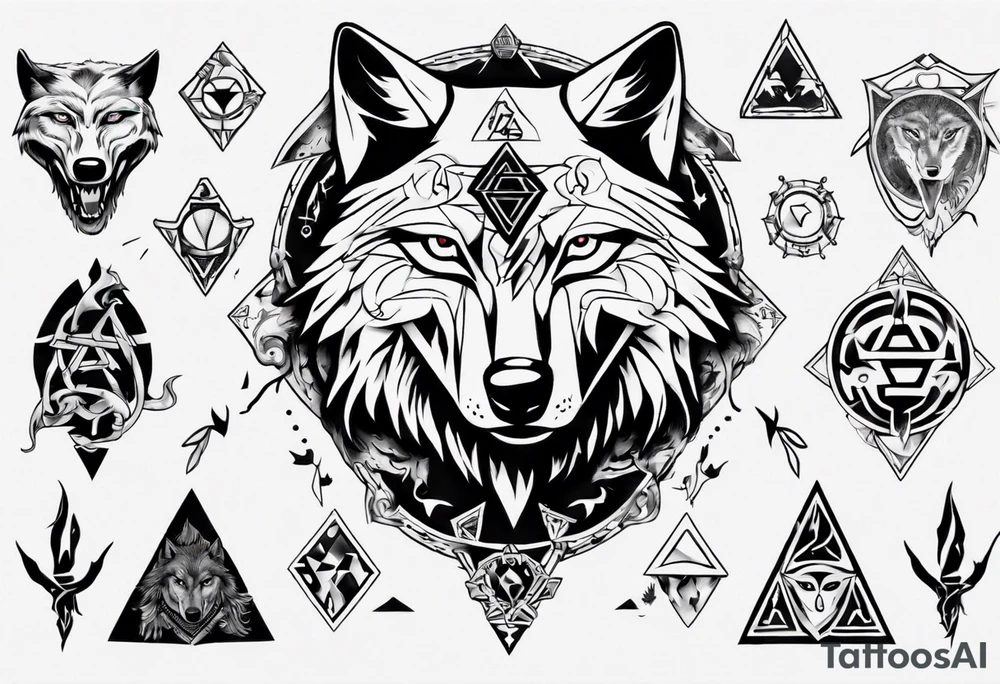 wolf head with zelda symbols around tattoo idea