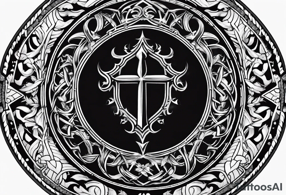 A beautifully adorned shield with a subtle crown of thorns encircling it, radiating an aura of divine power. tattoo idea