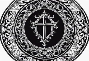 A beautifully adorned shield with a subtle crown of thorns encircling it, radiating an aura of divine power. tattoo idea