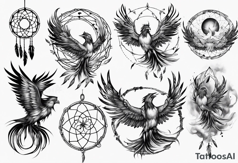 Fire Phoenix flying blending into dream catcher tattoo idea