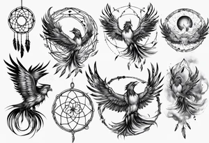 Fire Phoenix flying blending into dream catcher tattoo idea
