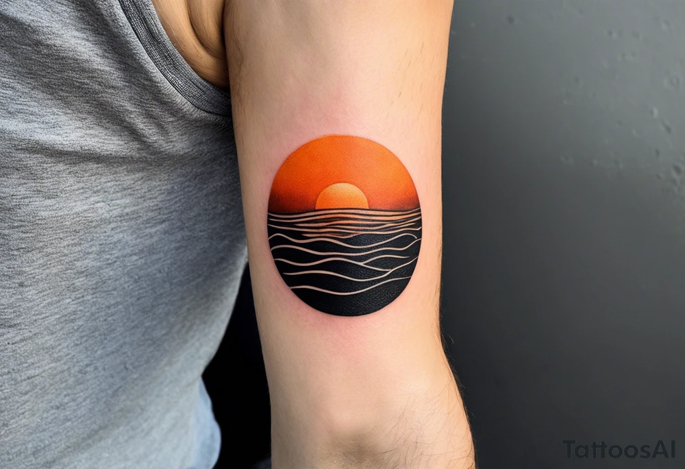 This is an extremely simple and minimalistic tattoo placed on male forearm. It is black and white with tiny splashes of orange from the sun. The tattoo is 4 inches wide by 2 inches tall. From the perspective of being on the ocean, the water is calm, with no waves in sight, the sun is setting behind the ocean, reflecting light onto the water. Most importantly, the tattoo in the shape of a rectangle, 4 inches wide by 2 inches tall. tattoo idea