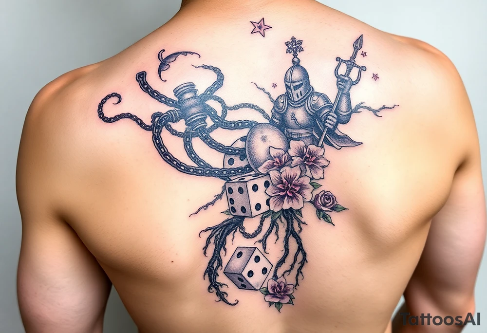 Squid and knight combined with chains, tree roots, cherry blossoms and roses rolling dice tattoo idea