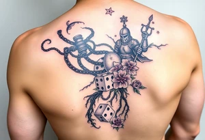 Squid and knight combined with chains, tree roots, cherry blossoms and roses rolling dice tattoo idea