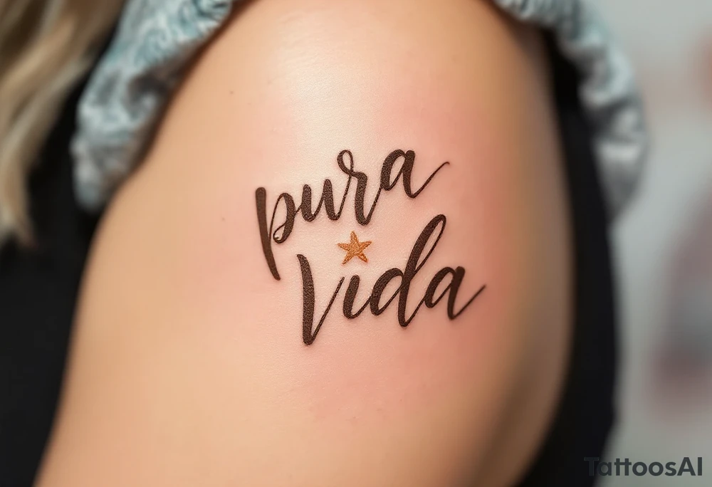 Beachy “Pura Vida” in brown ink with a tan seashell and starfish sketched in pastel peach. tattoo idea