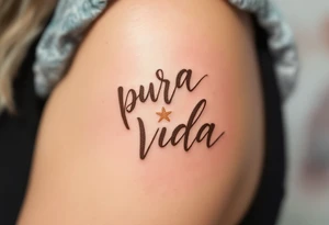 Beachy “Pura Vida” in brown ink with a tan seashell and starfish sketched in pastel peach. tattoo idea